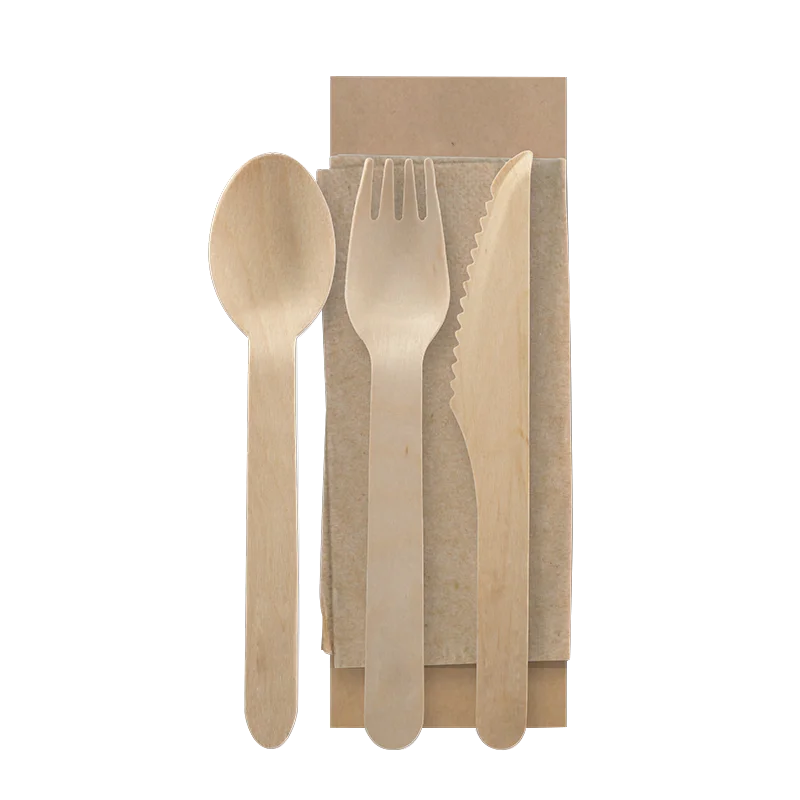 disposable wooden knife, spoon and fork napkin pack