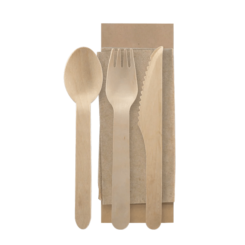 disposable wooden knife, spoon and fork napkin pack