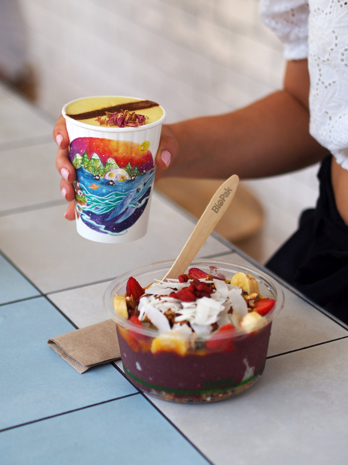 double wall art series coffee cup and takeout acai snack pot with wooden spoon