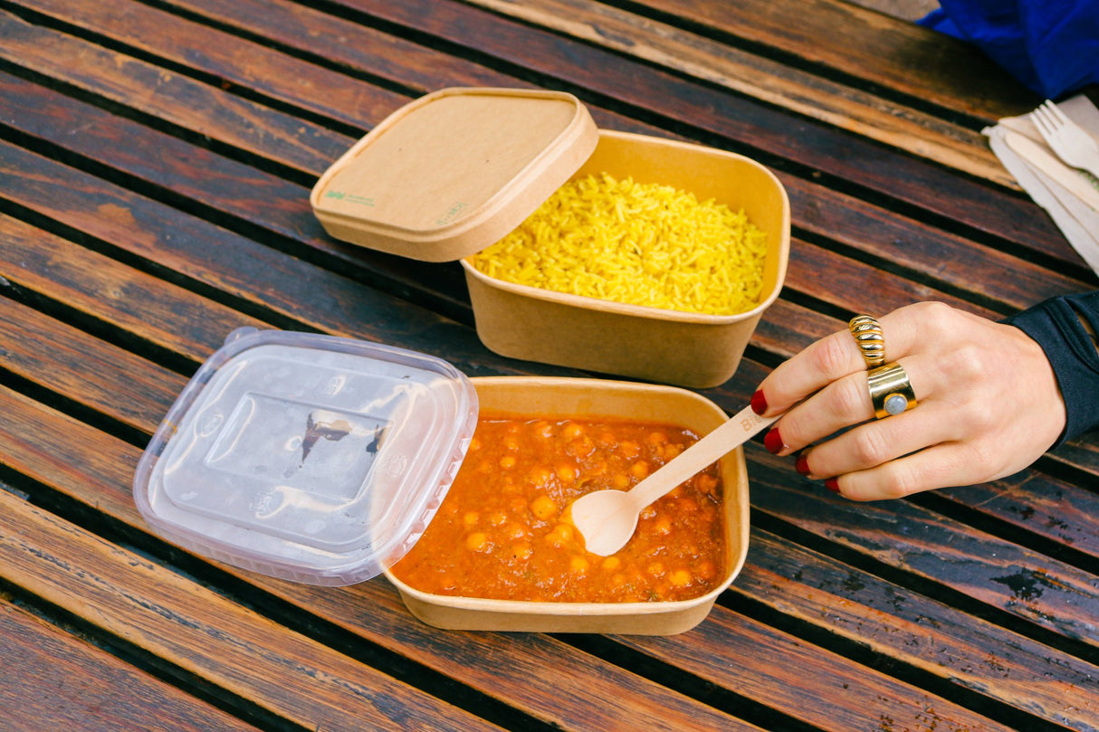 rectangle kraft containers and lids serving chickpea curry and rice