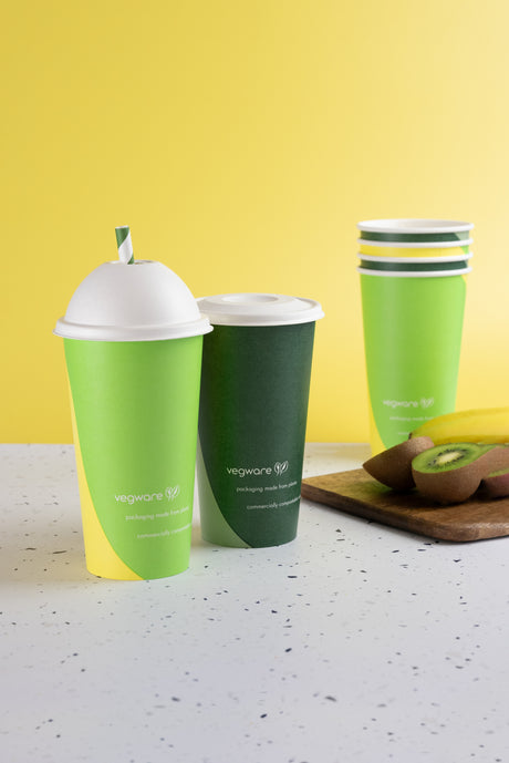 Colourful paper cold cups with domed lids and flat lids