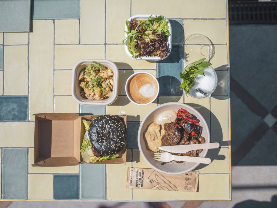 takeaway bowls with square containers disposable cups and wooden cutlery
