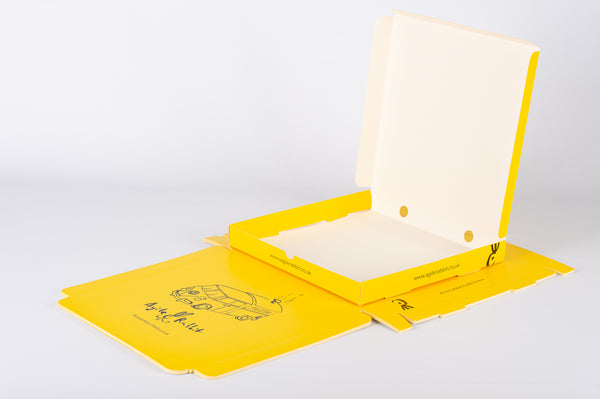 full colour custom printed flat pack pizza box open on a white background